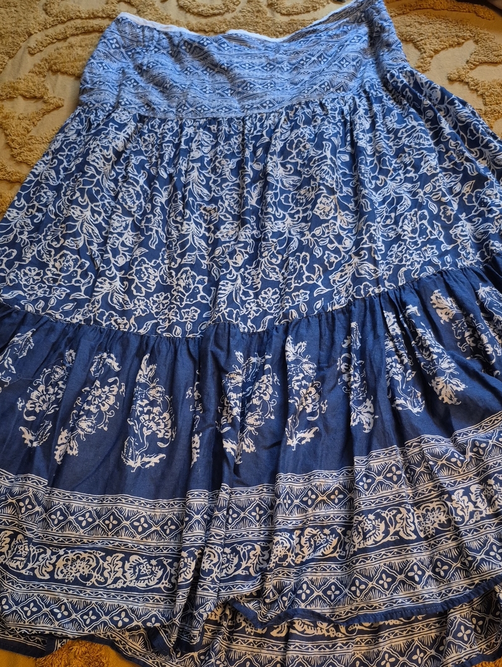 Chaps Blue and White Floral Tiered Maxi Skirt